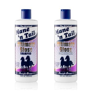 Front of two branded Mane 'n Tail bottles. From left to right, The 16 Ounce Ultimate Gloss Shampoo, The 16 Ounce Ultimate Gloss Conditioner. In a white background