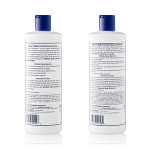 Back of two branded Mane 'n Tail bottles. From left to right, The 16 Ounce Ultimate Gloss Shampoo, The 16 Ounce Ultimate Gloss Conditioner. In a white background