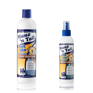 Front of a two branded Mane 'n Tail Pet Me bottles. From left to right The 16 Ounce Mane 'n Tail Pet Me Colloidal Oatmeal Shampoo, The 8 Ounce Mane 'n Tail Pet Me Deodorizer & Detangler. On a white background.
