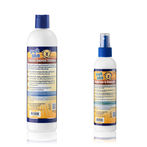 Back of a two branded Mane 'n Tail Pet Me bottles. From left to right The 16 Ounce Mane 'n Tail Pet Me Colloidal Oatmeal Shampoo, The 8 Ounce Mane 'n Tail Pet Me Deodorizer & Detangler. On a white background.