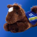 Plush horse toy with a blue vest labeled 'Mane 'n Tail' on a blue background