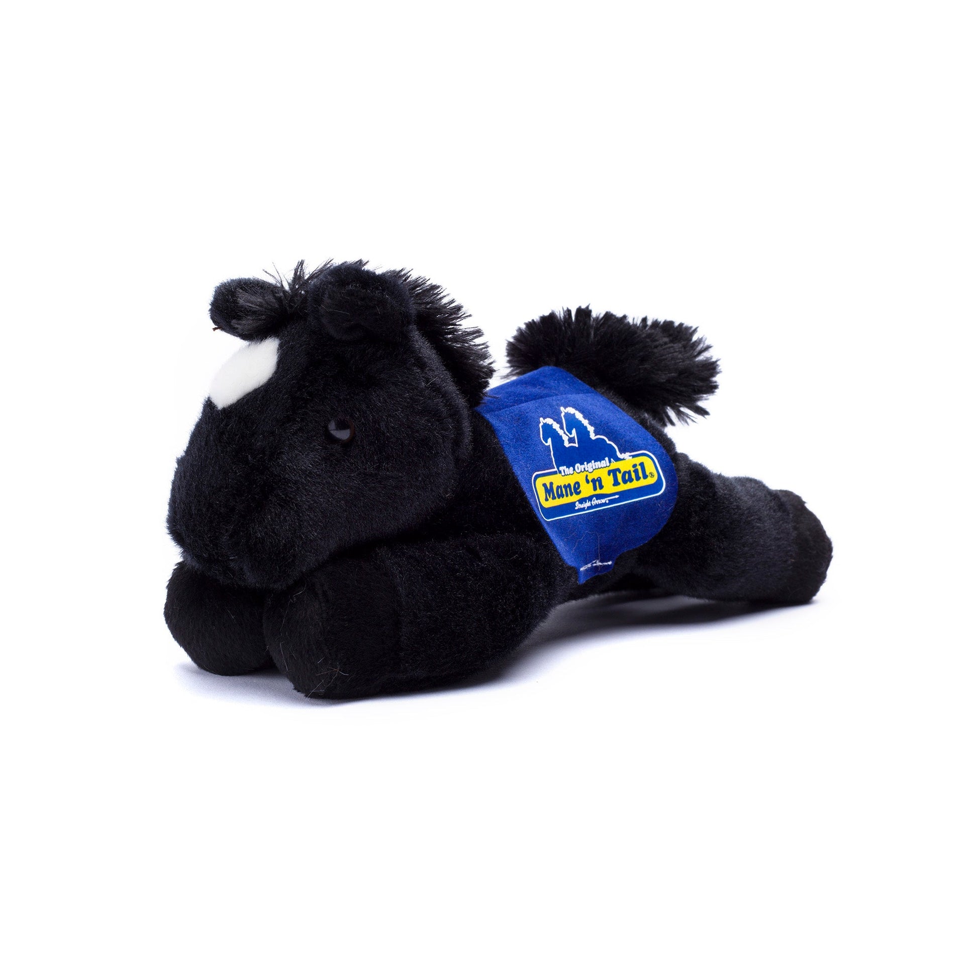 Small Beau Horse horse stuffed animal wearing a royal blue branded mane 'n tail saddle. Standing in the white background