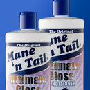 Two bottles of Mane 'n Tail Ultimate Gloss Shampoo and Conditioner on a blue background
