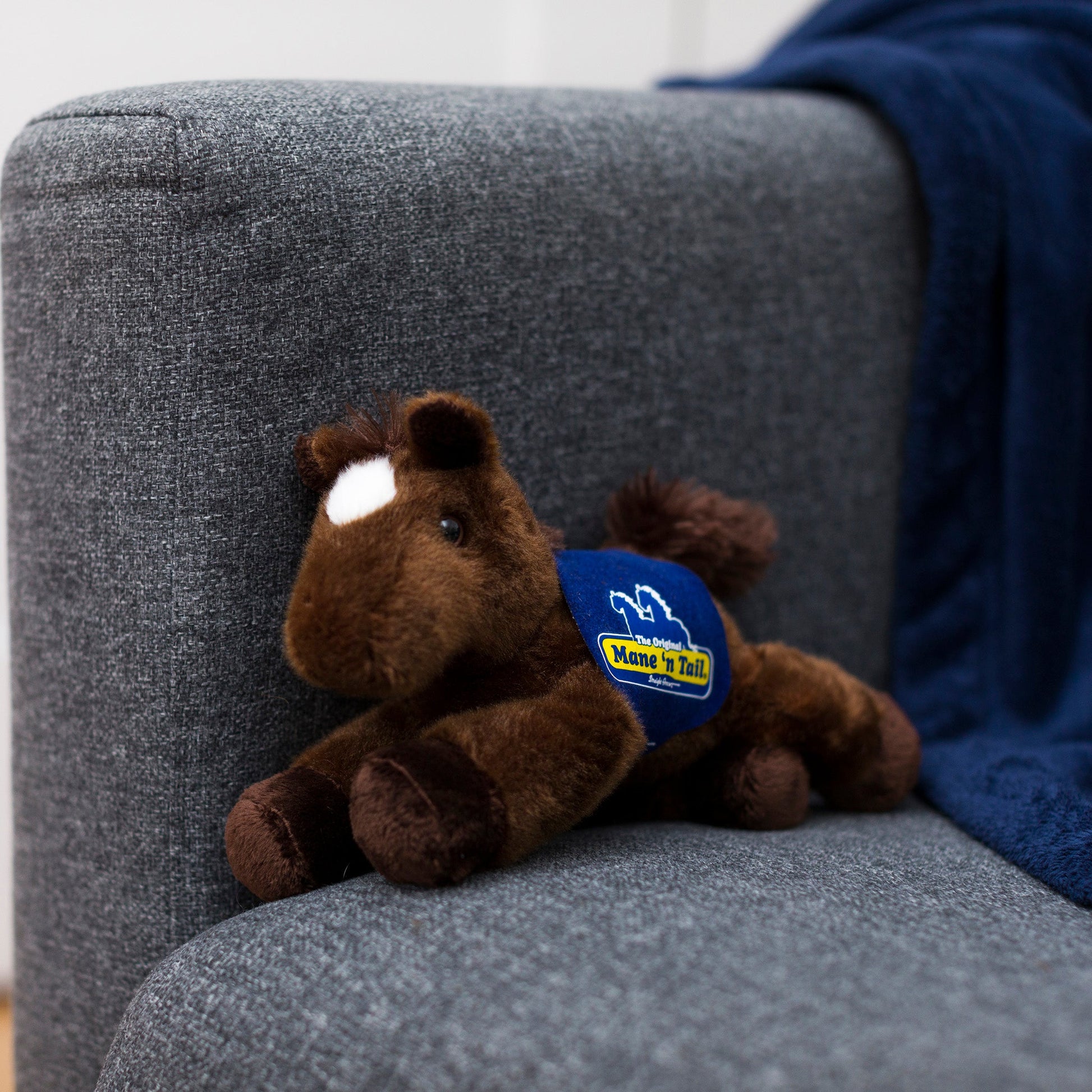 Small Chestnut horse stuffed animal wearing a royal blue branded mane 'n tail saddle. Standing on the couch