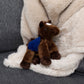 Small Chestnut horse stuffed animal wearing a royal blue branded mane 'n tail saddle. Standing on a blanket