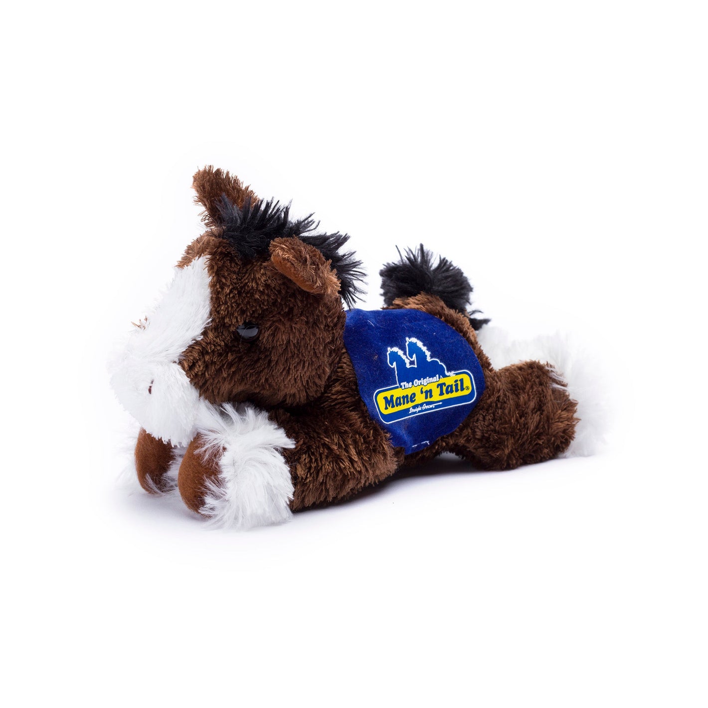 Small brown Clydes horse stuffed animal wearing a royal blue branded mane 'n tail saddle. Standing in a white background