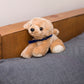 Small Golden Lab dog stuffed animal wearing a royal blue branded mane 'n tail bandana. Standing on a cushion