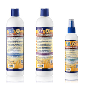 Back of three branded Mane 'n Tail Pet Me bottles. From left to right The 16 Ounce Mane 'n Tail Pet Me Colloidal Oatmeal Shampoo, The 16 Ounce Mane 'n Tail Pet Me Coat Brightening Shampoo, The 8 Ounce Mane 'n Tail Pet Me Deodorizer & Detangler. On a white background.