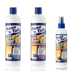 Front of three branded Mane 'n Tail Pet Me bottles. From left to right The 16 Ounce Mane 'n Tail Pet Me Colloidal Oatmeal Shampoo, The 16 Ounce Mane 'n Tail Pet Me Coat Brightening Shampoo, The 8 Ounce Mane 'n Tail Pet Me Deodorizer & Detangler. On a white background.