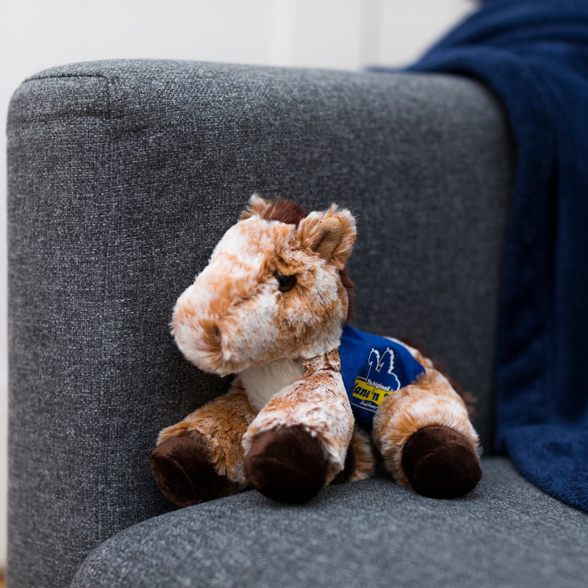 Small Mocha horse stuffed animal wearing a royal blue branded mane 'n tail saddle. Standing on a couch