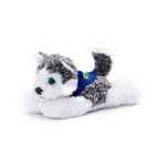 Small Husky dog stuffed animal wearing a royal blue branded mane 'n tail bandana. Standing in a white background