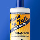 Mane 'n Tail Original shampoo bottle with blue cap on a blue background