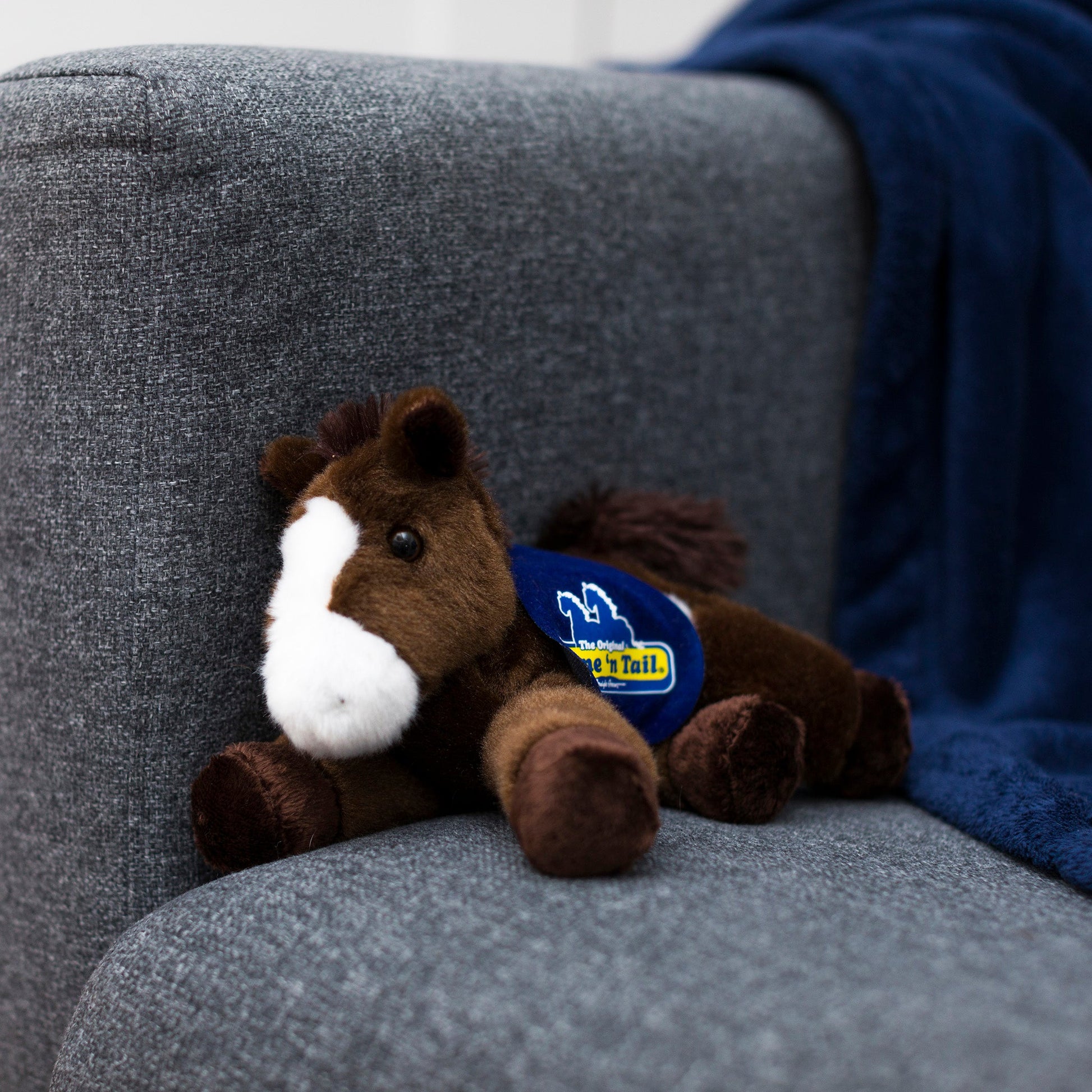 Small Paint horse stuffed animal wearing a royal blue branded mane 'n tail saddle. Standing on a couch