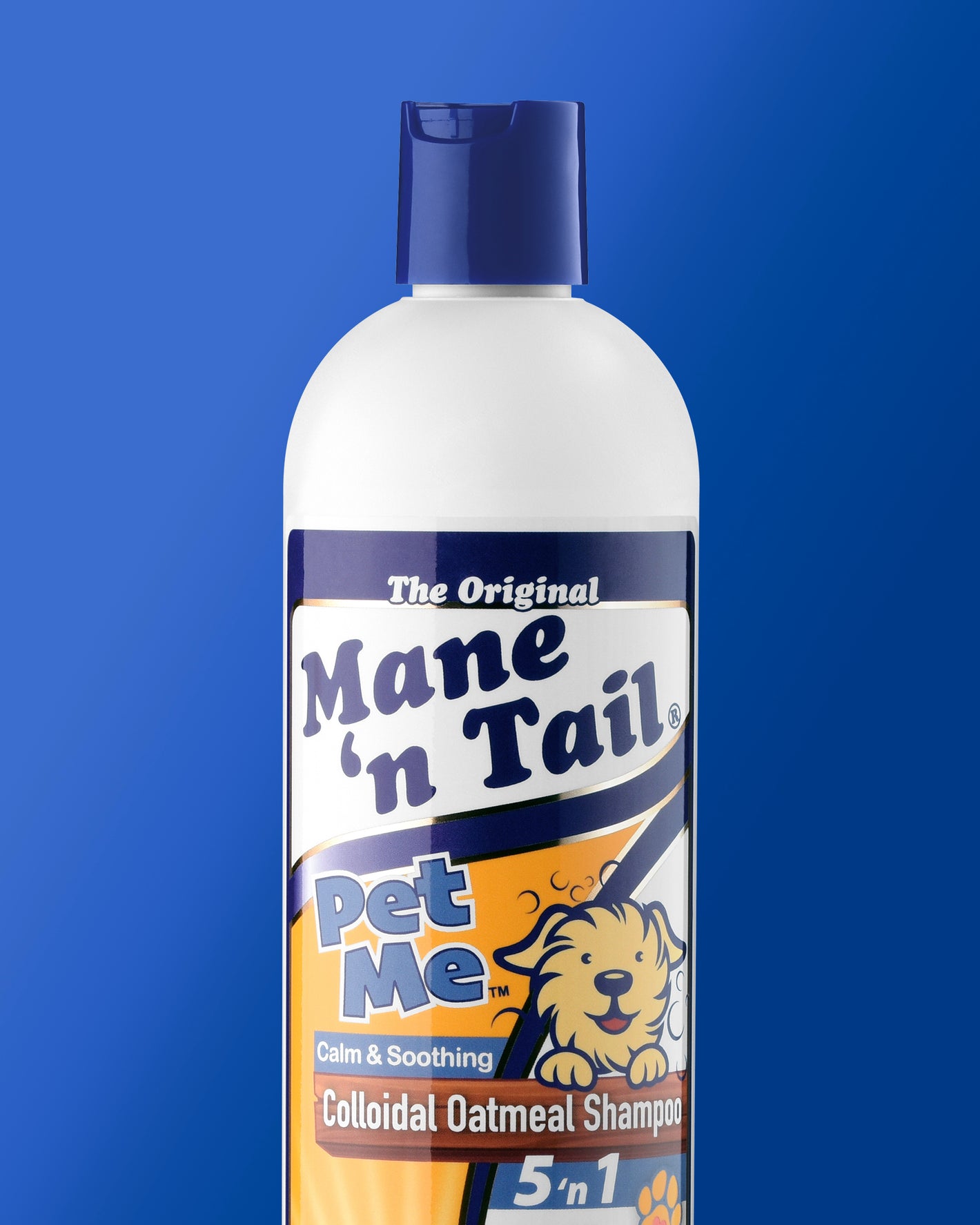 Mane 'n Tail Pet Me shampoo bottle on a blue background