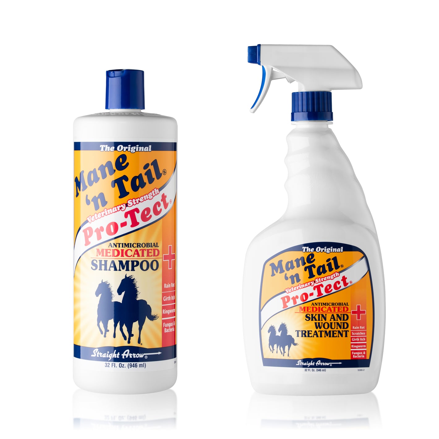 Front of two Mane 'n Tail branded bottles. One is Pro-Tect Antimicrobial medicated shampoo on the left, with a Mane 'n Tail branded bottle of Pro-Tect Antimicrobial Skin and Wound Treatment with a spray top on the right. In a white background 