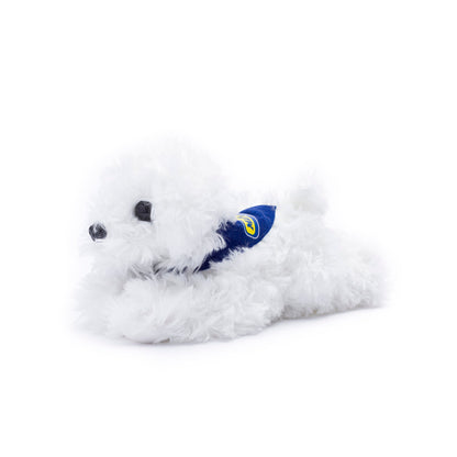 Small Snowball Bichon Frise stuffed animal wearing a royal blue branded mane 'n tail bandana. Standing in a white background.