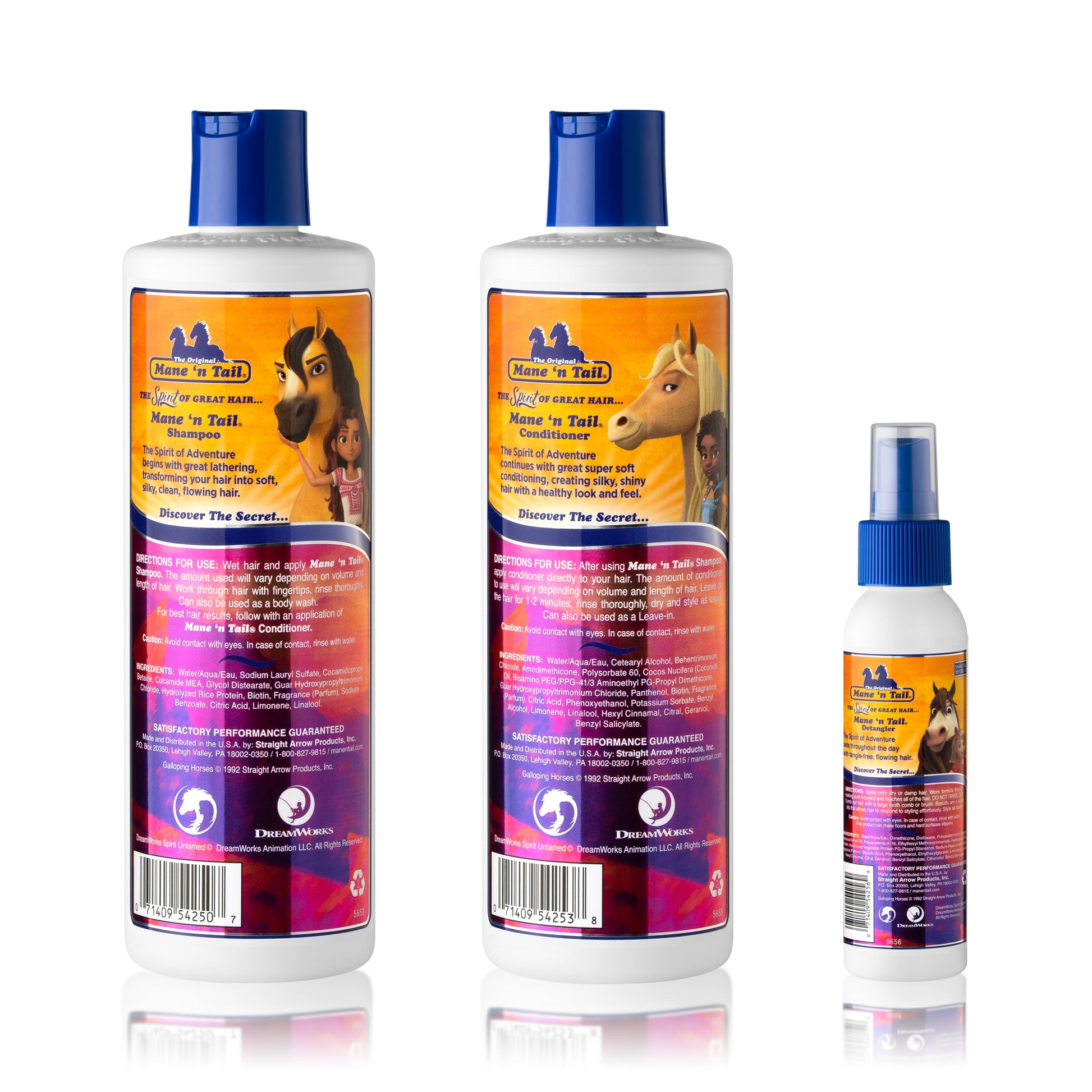Back of Mane 'n Tail & Dreamworks collaboration Spirit Untamed. From left to right The 11.2 Ounce Mane 'n Tail Spirit Untamed Shampoo, The 11.2 Ounce Mane 'n Tail Spirit Untamed Conditioner, The 3.4 Ounce Mane 'n Tail Spirit Untamed Detangler Spray. On a white background.