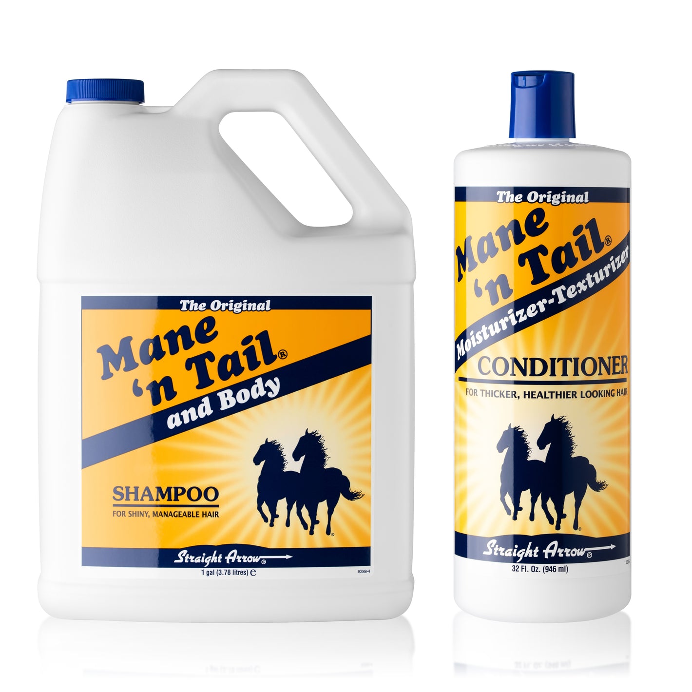 Front of two branded Mane 'n Tail bottles. From left to right, The Gallon Mane 'n Tail and Body Original Shampoo, The 32 Ounce Original Conditioner. In a white background
