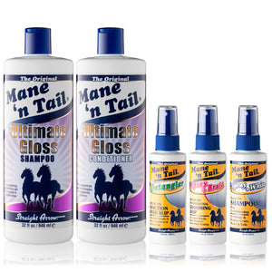 Mane 'n Tail Ultimate Gloss Shampoo and Conditioner 32 Ounce Each with 4 Ounce Detangler Spray, Spray 'n White, Spray'n Braid