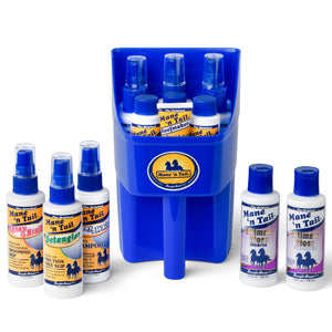 Front of Mane 'n Tail branded Sample Set with equine scoop. From left to right, The 4 ounce Mane 'n Spray 'n Braid, The 4 ounce Mane 'n Tail Detangler, The 4 ounce Spray 'n White, A Mane 'n Tail Equine Scoop containing, the 2 ounce Original Mane 'n Tail and Body Shampoo, The 1 ounce Mane 'n Tail  Hoofmaker, The 2 ounce Original Mane 'n Tail Conditioner. Behind the Hoofmaker is, The 3.4 ounce Pro-Tect Shampoo. The 3.4 ounces Ultimate Gloss Shampoo, The 3.4 Ultimate Gloss Conditioner. On a white background