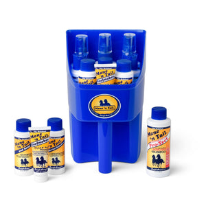 Front of Mane 'n Tail branded Sample Set with equine scoop. From left to right,The 2 Ounce Original Mane 'n Tail and Body Shampoo, The 1 ounce Mane 'n Tail  Hoofmaker, The 2 ounce Original Mane 'n Tail Conditioner, The 4 Ounce Pro-Tect Shampoo. On a white background